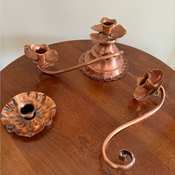 Georgian Copper Candelabra Twist 3 Candlestick Holders Rose Flower Broken - Picture 4 of 9